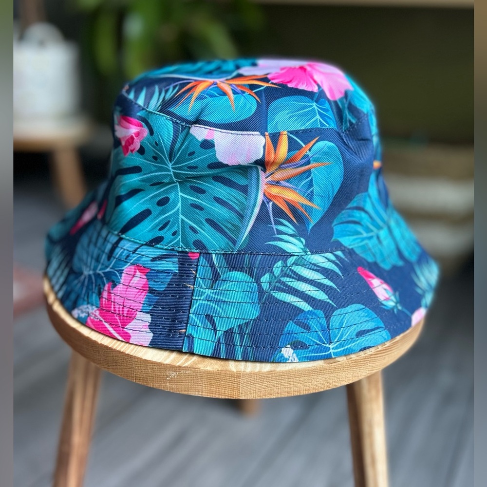 🌴Tropical Floral Bucket Hat | Blue Leaf Print | One Size